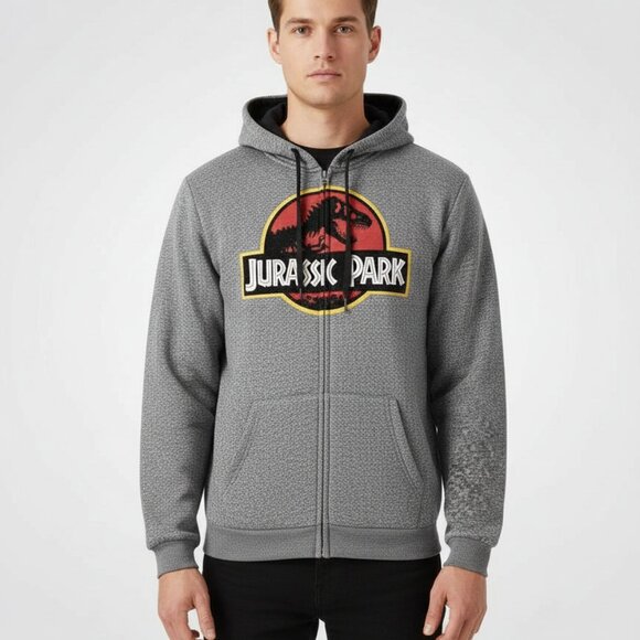 Jurassic Park Drawstring Hoodie Heather Gray ZipUp Graphic Logo Sweater Men's XL - Picture 3 of 5